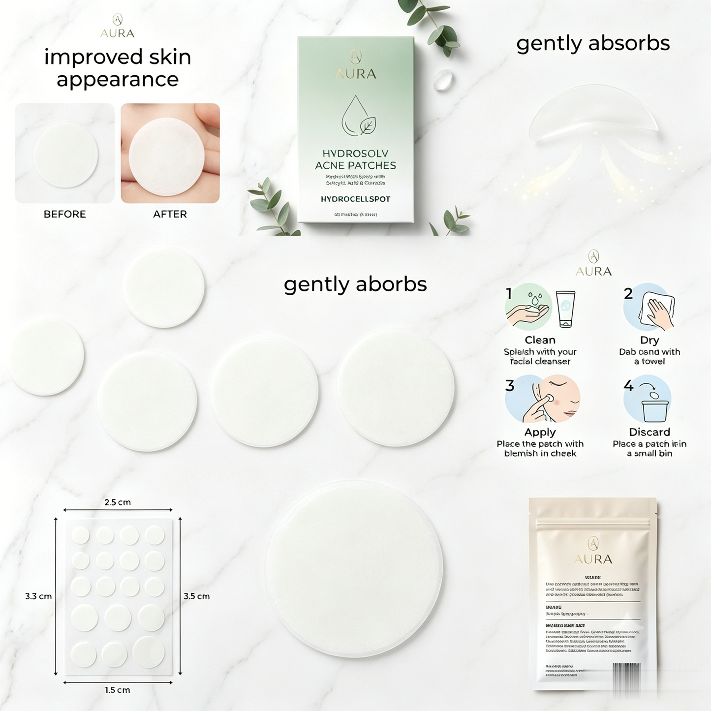 AURA Hydrosolv Hydrocolloid Patches | Invisible Ultra-Thin Spot Cover for Daily Skin Comfort